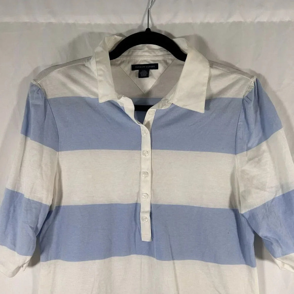 Tommy Hilfiger Blouse Women's Large White Blue Striped 1/2 Button Short Sleeve - Picture 2 of 12
